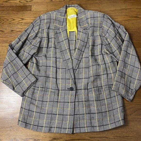 Laurel By Escada Jacket Linen Wool Grey Glen Plaid Yellow Academia Blazer - Picture 4 of 16